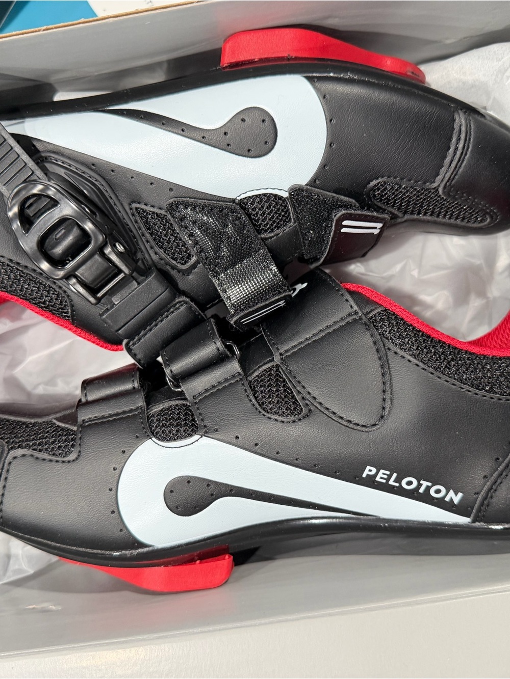 Peloton Black Cycling Shoes with White Graphic and Red Accents